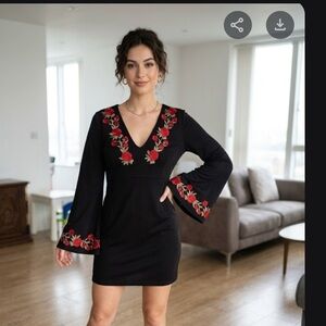 Huaraches Artesanal Boutique Black V-Neck Mini Dress with Red Floral Embroidery